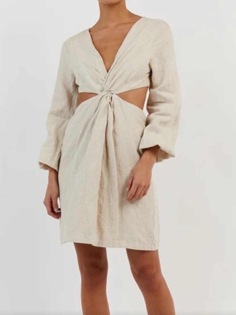 DISSH Dress Tina Twist Mini Cutout Long Sleeve Linen in Natural Cream